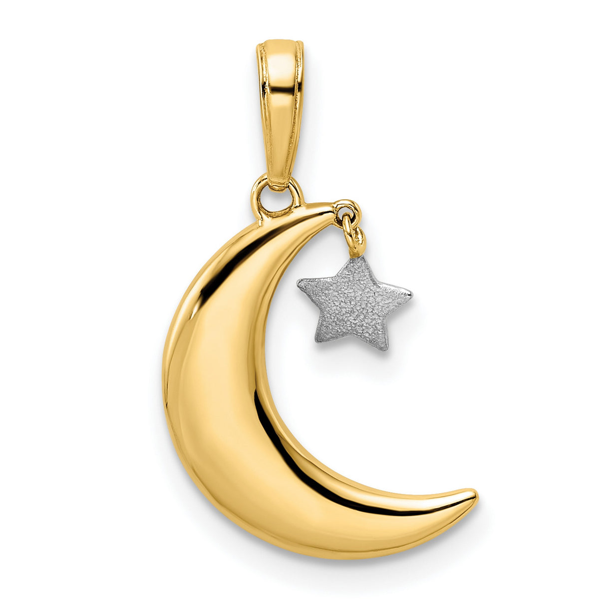 14k Multi-Tone Gold Moon and Star Pendant, Rhodium Textured Celestial Charm for Women