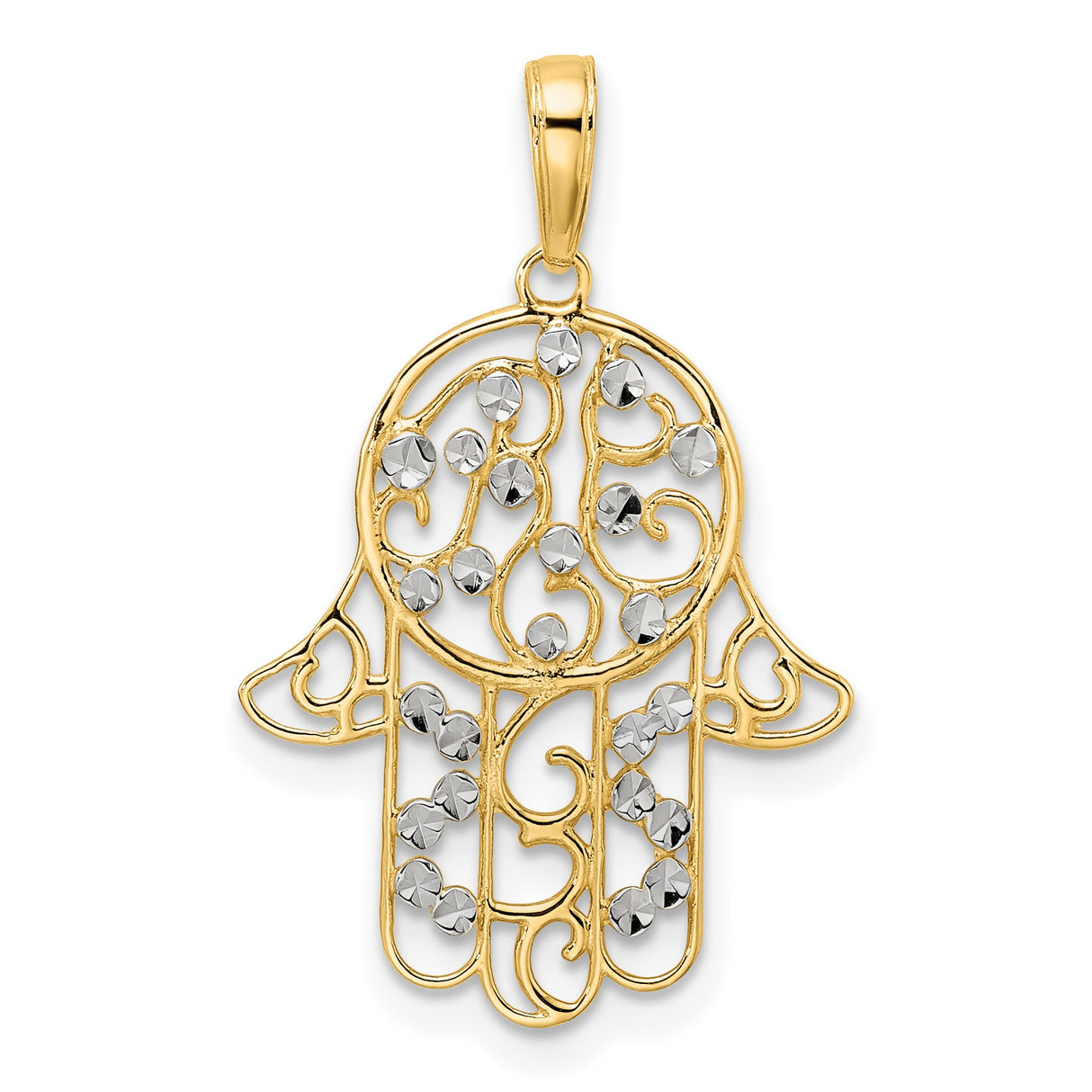 14k Multi-Tone Gold Hamsa Pendant with Filigree and Diamond Cut Accents