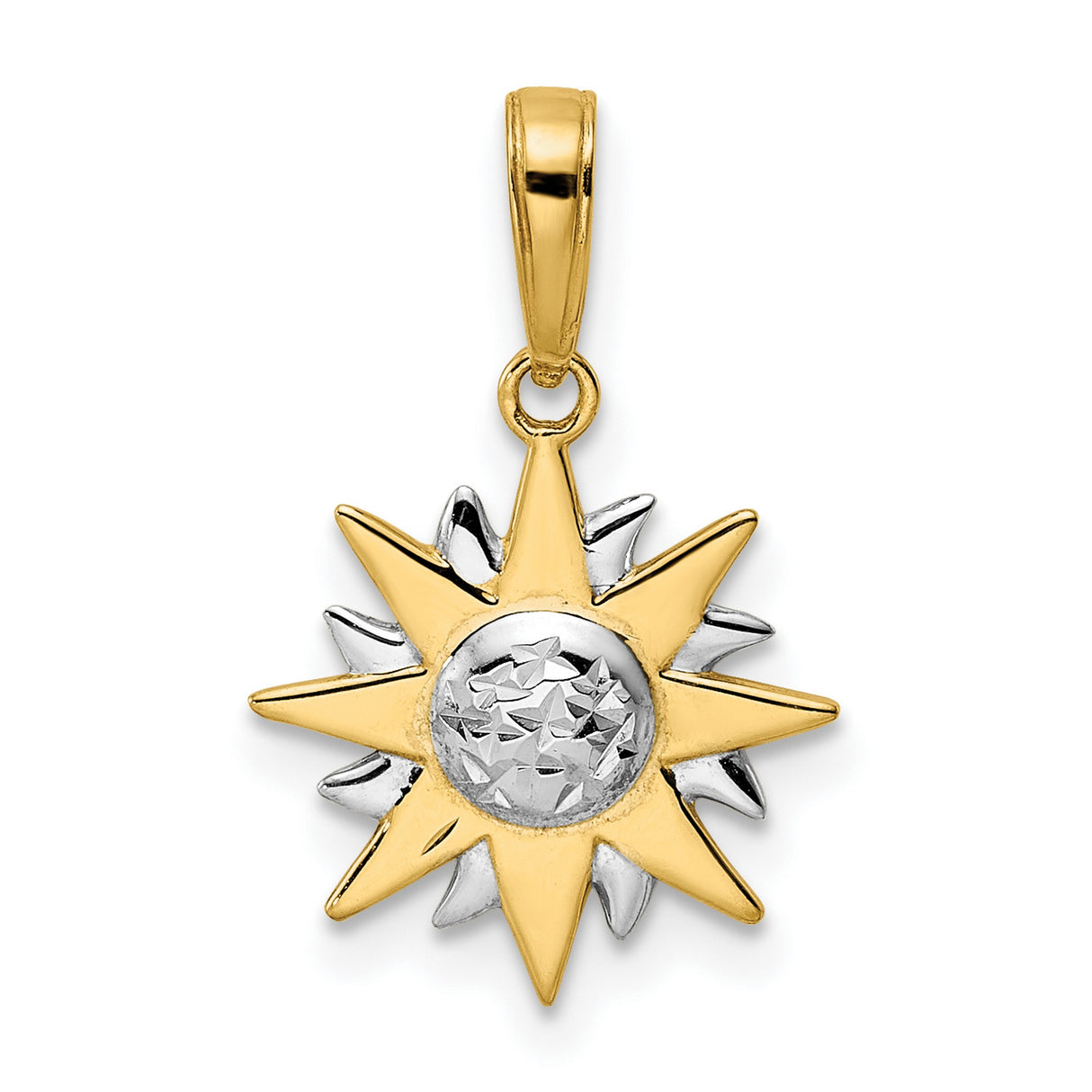 14k Two-Tone Gold Sunburst Pendant with Textured Center Celestial Charm for Women