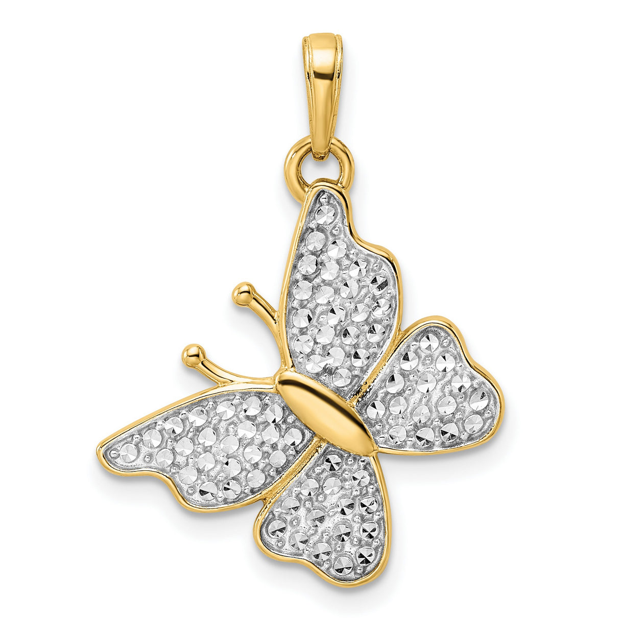 14k Two-Tone Gold Butterfly Pendant, Diamond-Cut Textured Design, Nature-Inspired Jewelry for Women