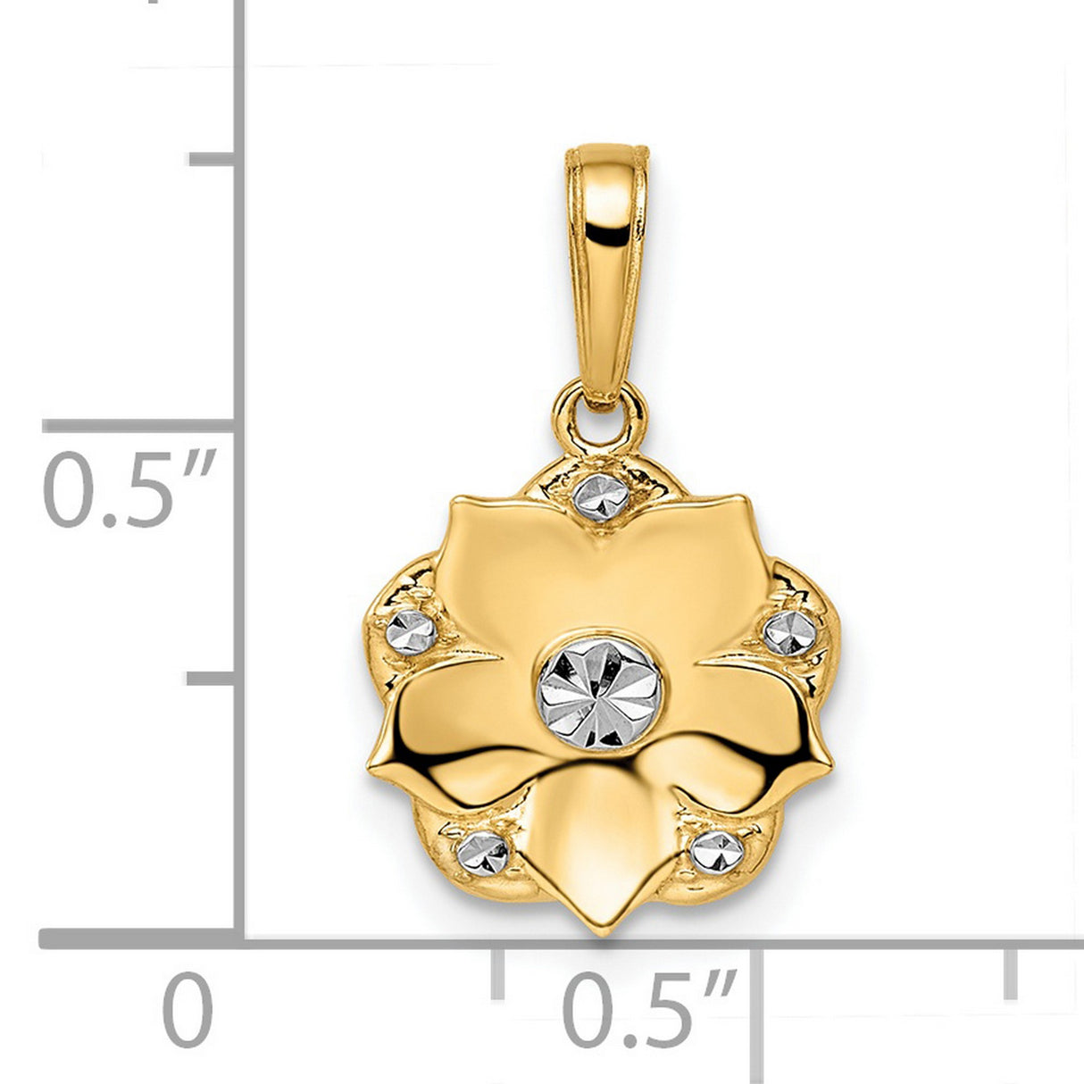 14k Yellow Gold and Rhodium Flower Pendant with Diamond-Cut Floral Detail, Two-Tone Polished Charm