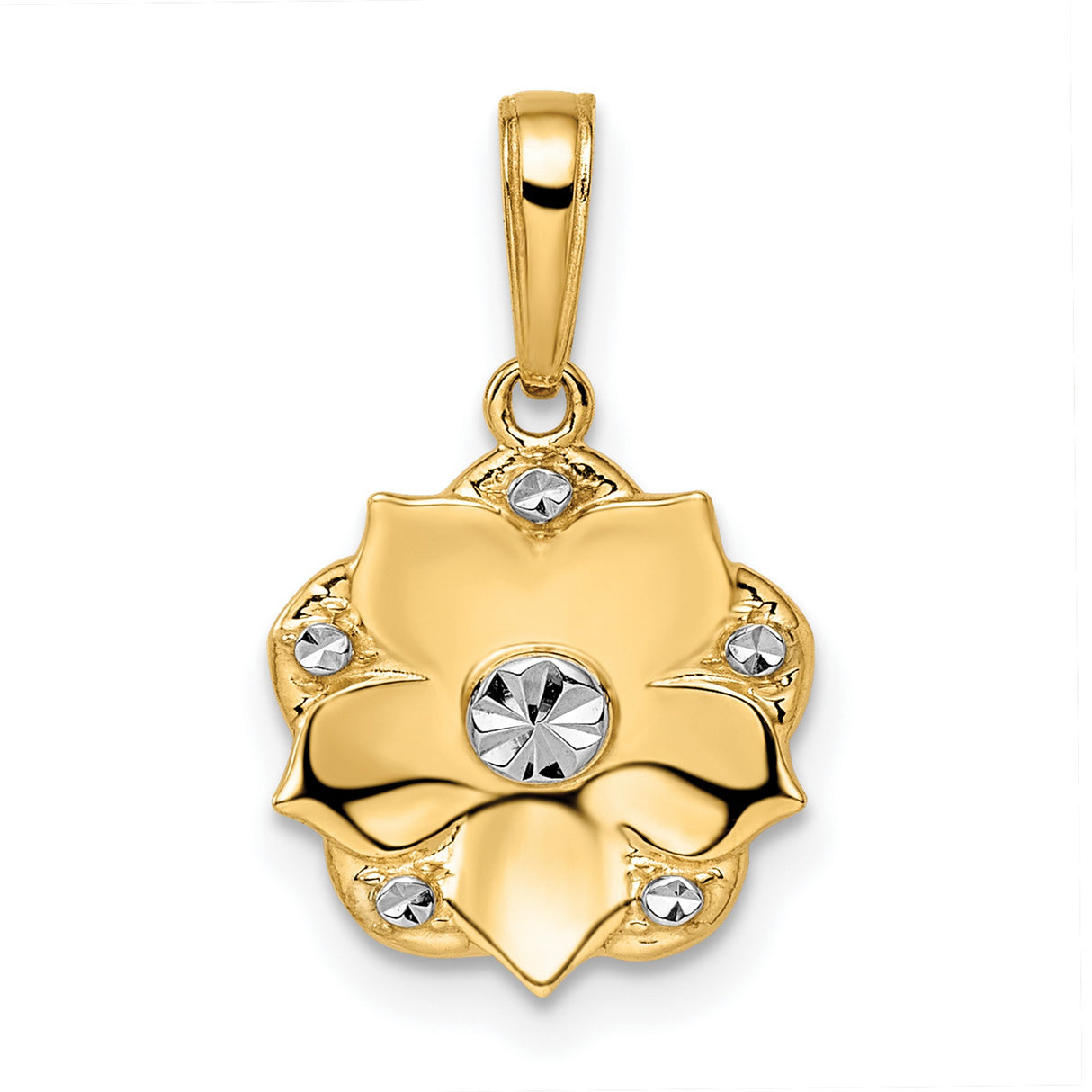 14k Yellow Gold and Rhodium Flower Pendant with Diamond-Cut Floral Detail, Two-Tone Polished Charm