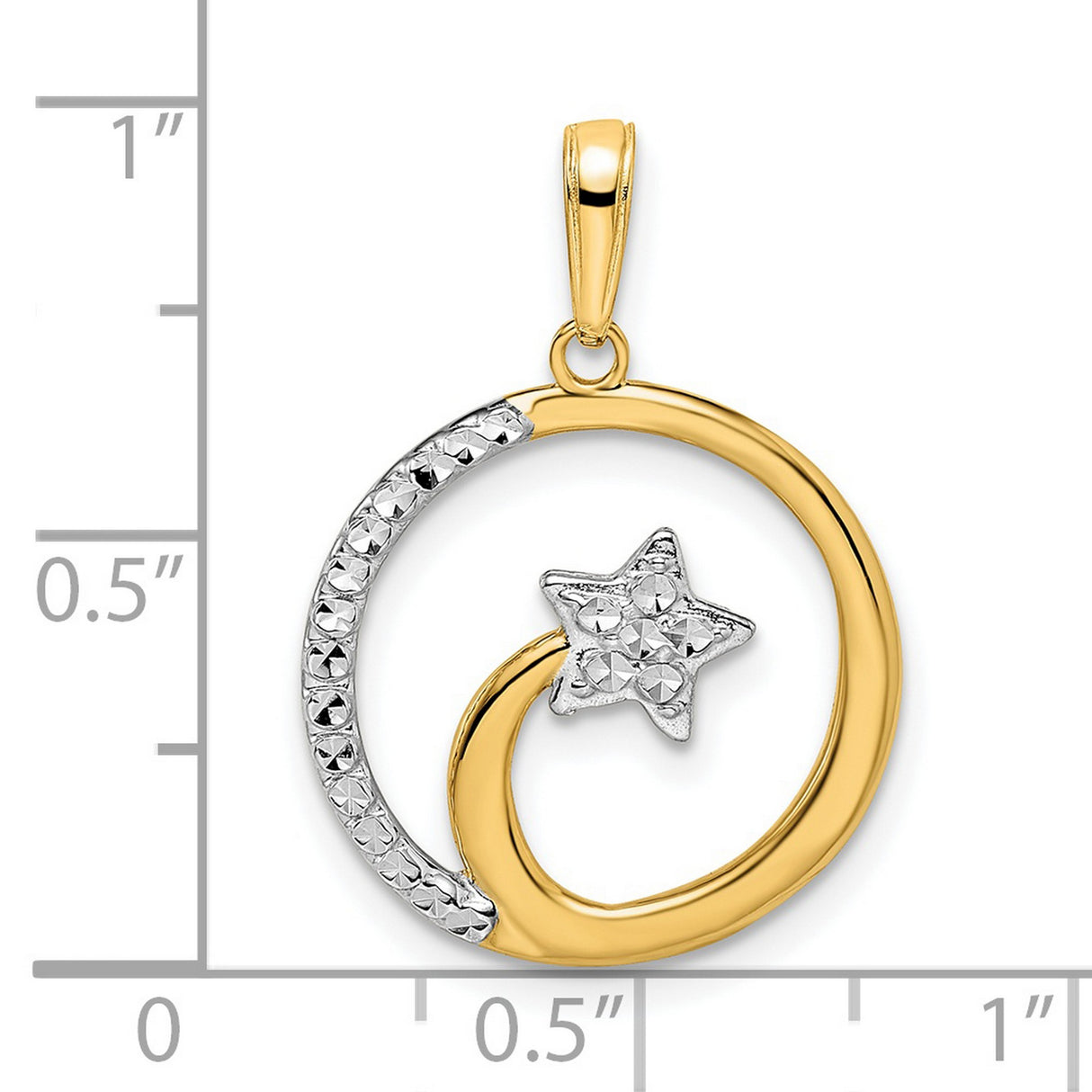 14k Multi-Tone Gold Crescent Moon and Star Pendant, Celestial Circle Charm for Women