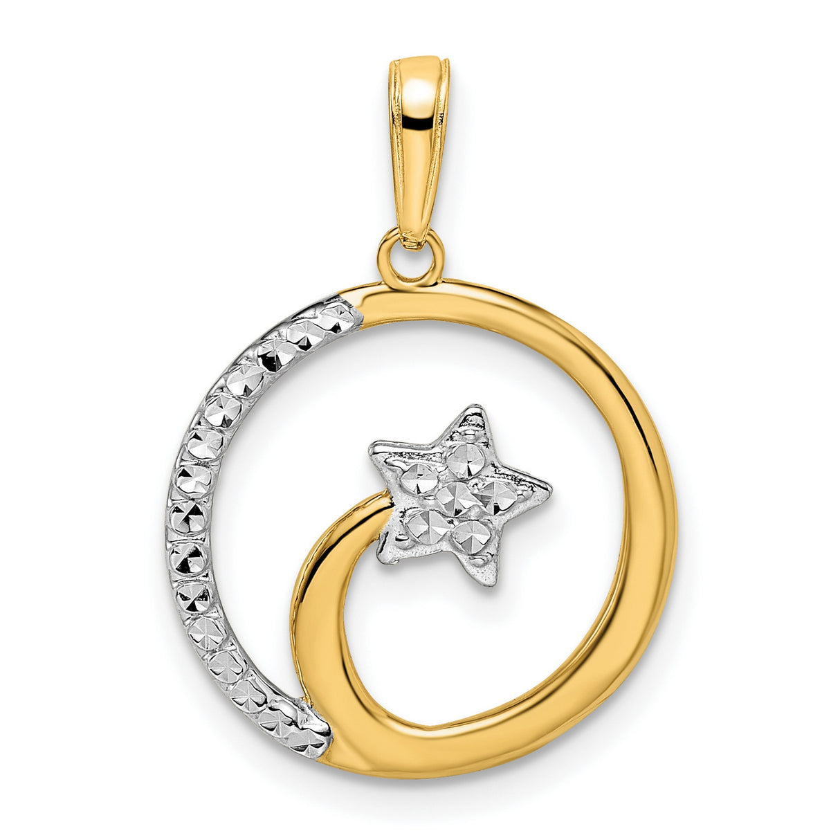 14k Multi-Tone Gold Crescent Moon and Star Pendant, Celestial Circle Charm for Women