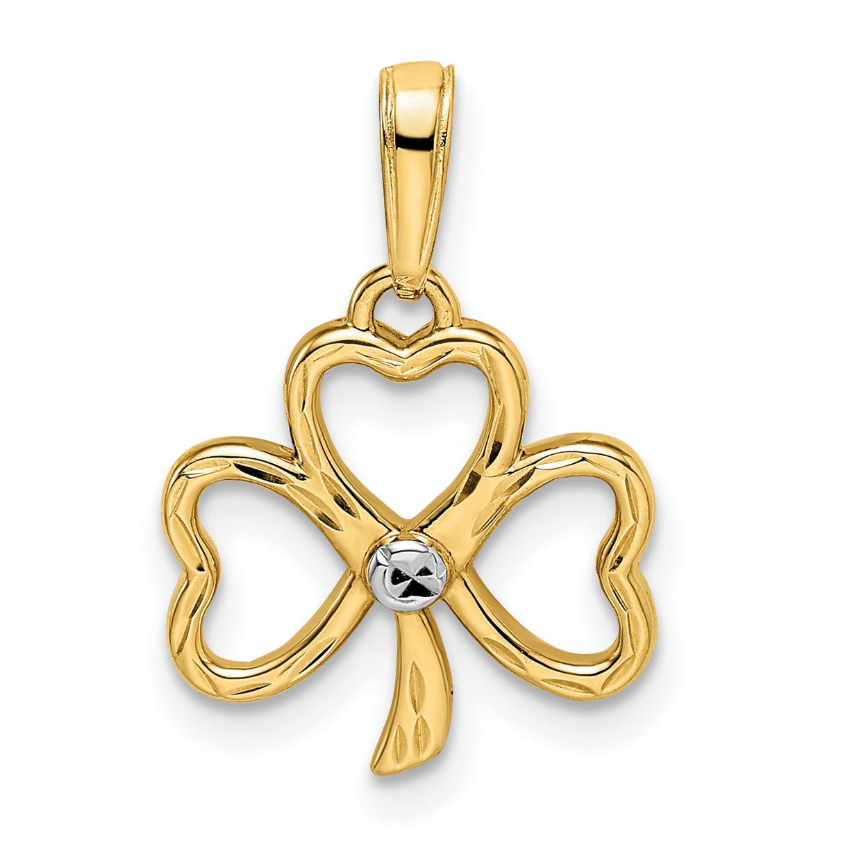 14k Multi-Tone Gold Shamrock Heart Pendant, Rhodium Finish, Celtic Clover Charm for Women