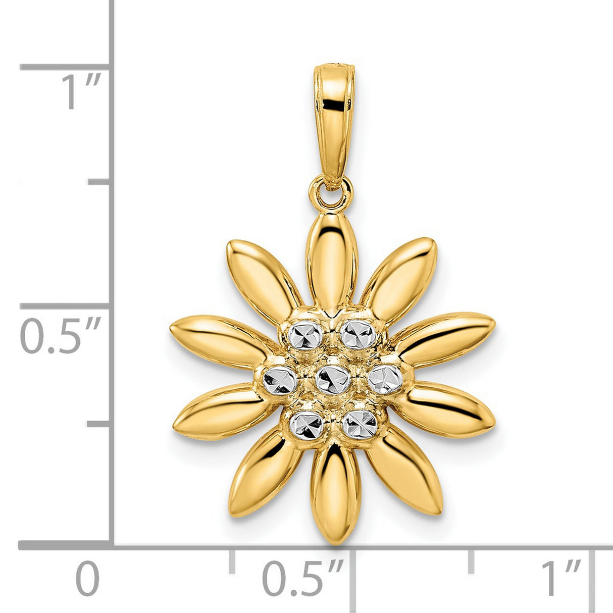 14k Yellow Gold and Rhodium Daisy Pendant, Polished Petal Floral Charm for Women
