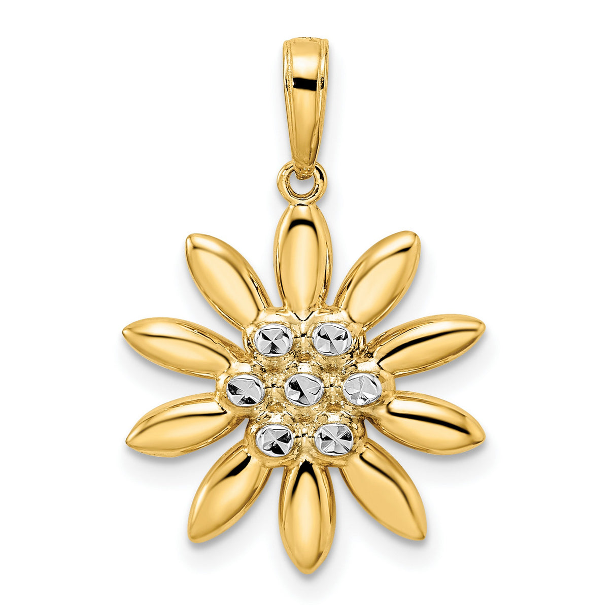14k Yellow Gold and Rhodium Daisy Pendant, Polished Petal Floral Charm for Women