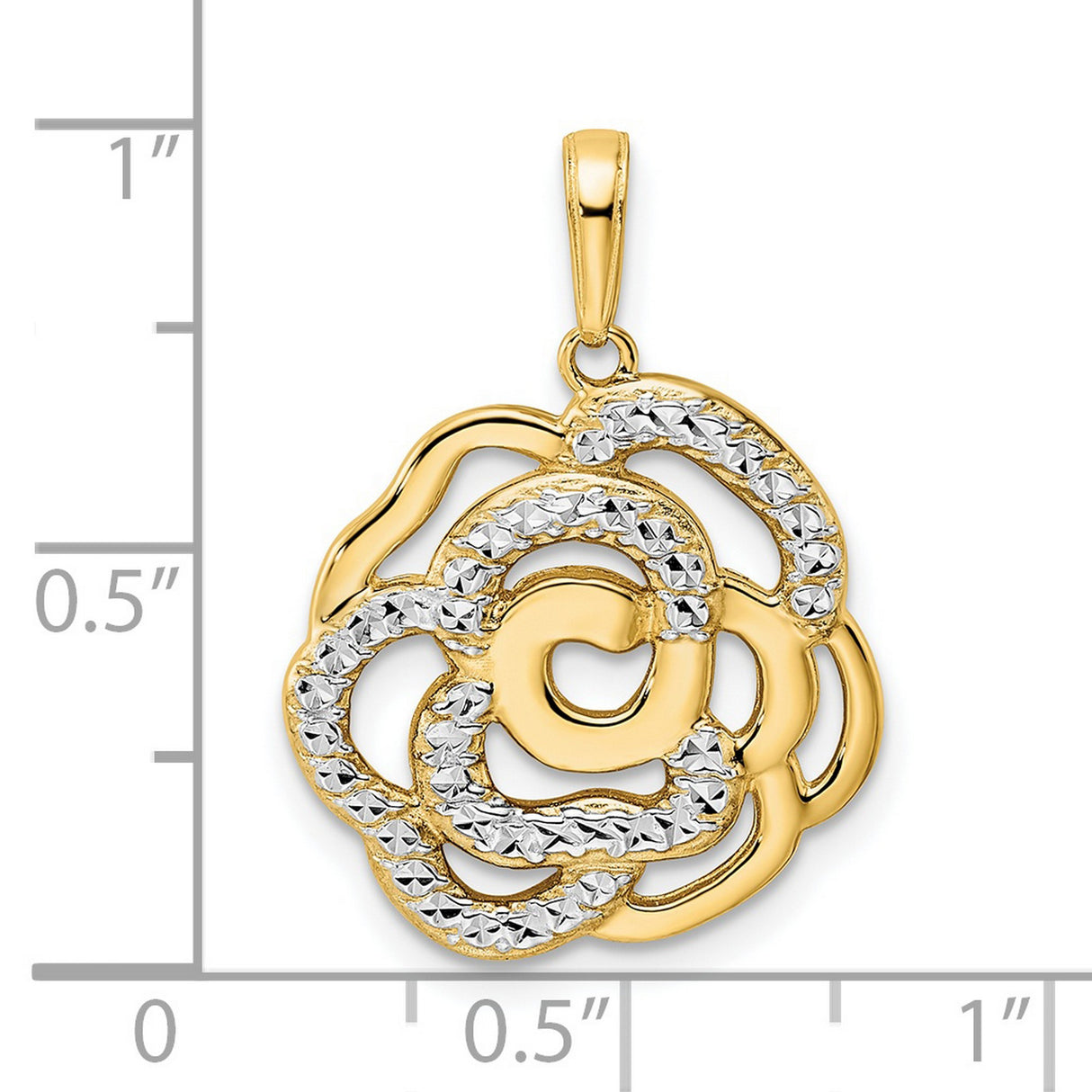 14k Multi-Tone Gold Rose Pendant with Openwork Floral Design and Diamond Cut Accents