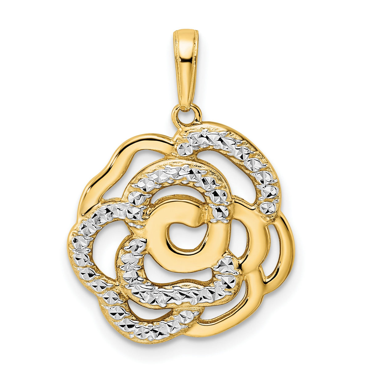 14k Multi-Tone Gold Rose Pendant with Openwork Floral Design and Diamond Cut Accents