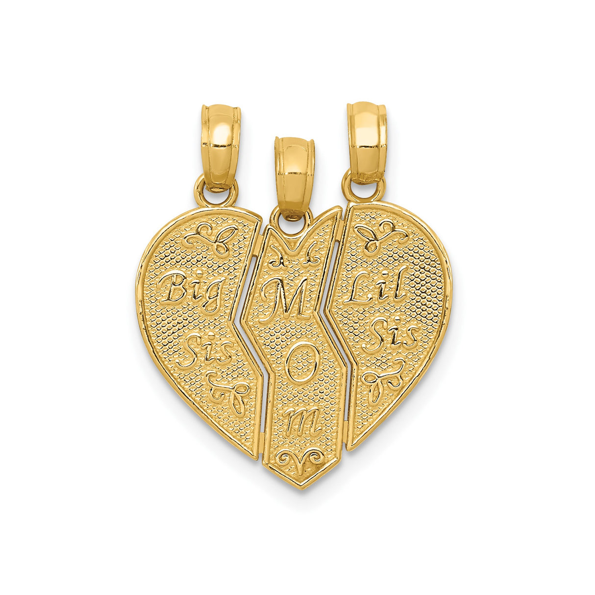 14k Yellow Gold Break-Apart Heart Pendant Set, Mom Big Sis Lil Sis, Family Bond Jewelry