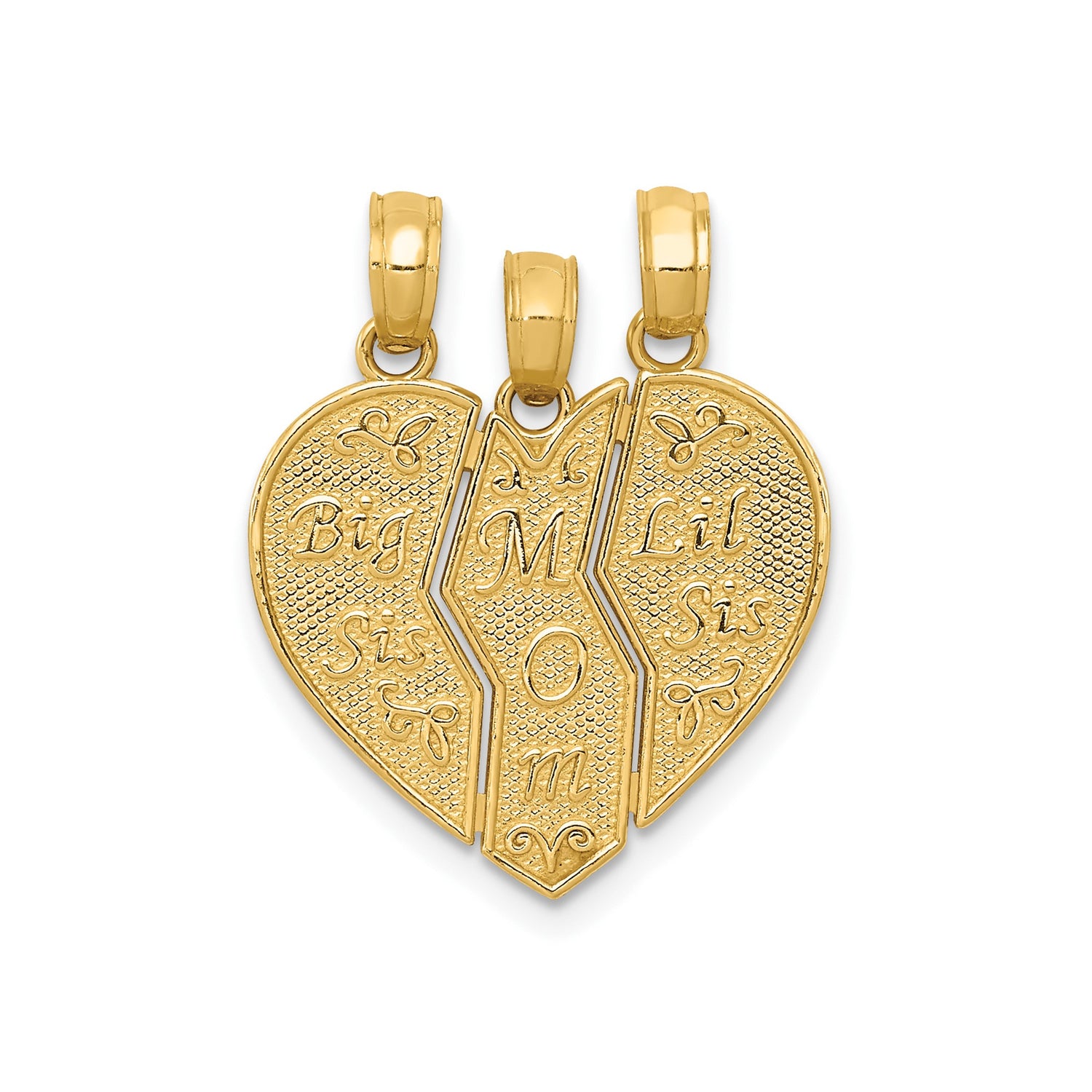 14k Yellow Gold Break-Apart Heart Pendant Set, Mom Big Sis Lil Sis, Family Bond Jewelry