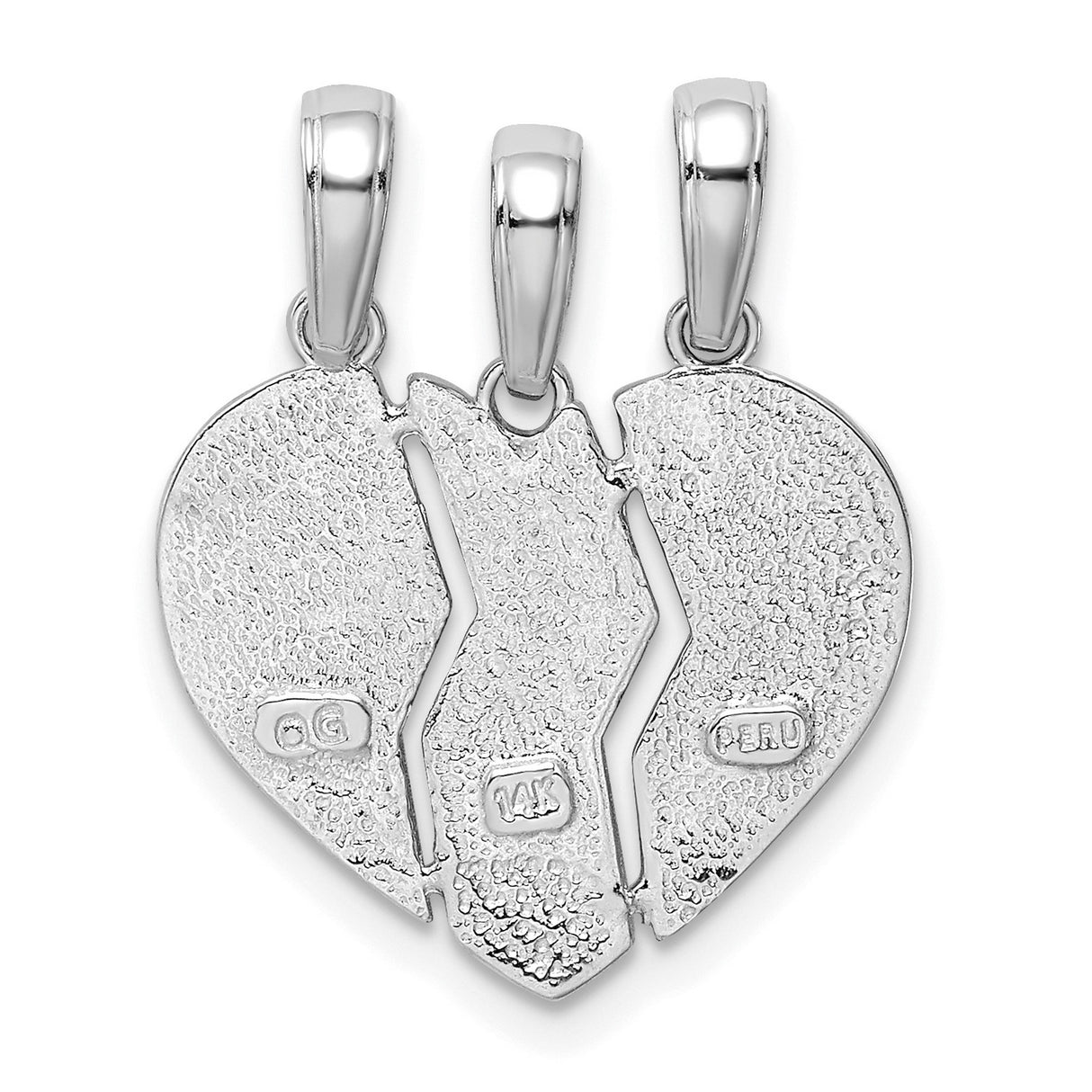14k White Gold Heart Pendant, Three Piece Split Design with Big Sis Mom Lil Sis Theme
