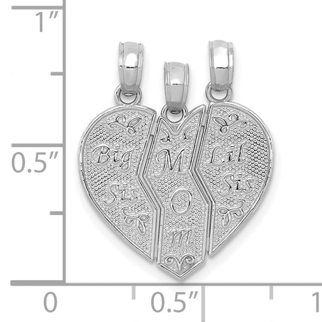 14k White Gold Heart Pendant, Three Piece Split Design with Big Sis Mom Lil Sis Theme