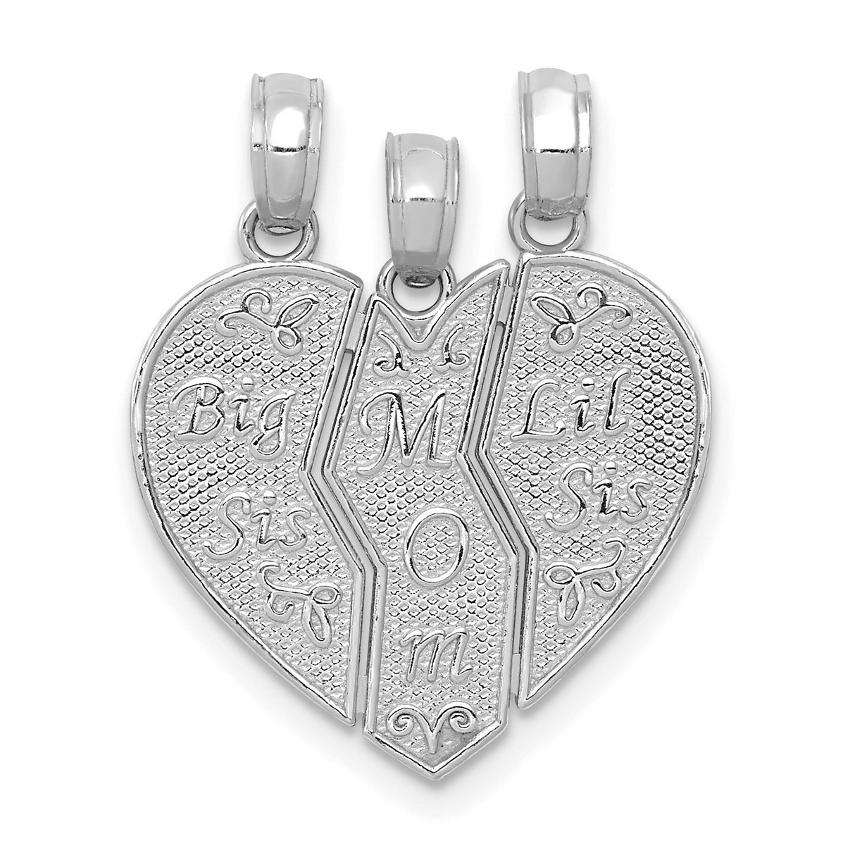 14k White Gold Heart Pendant, Three Piece Split Design with Big Sis Mom Lil Sis Theme