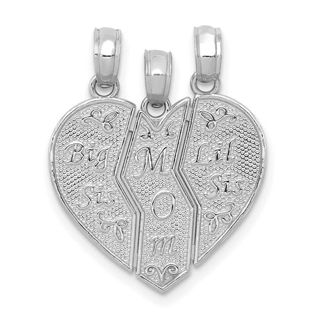 14k White Gold Heart Pendant, Three Piece Split Design with Big Sis Mom Lil Sis Theme