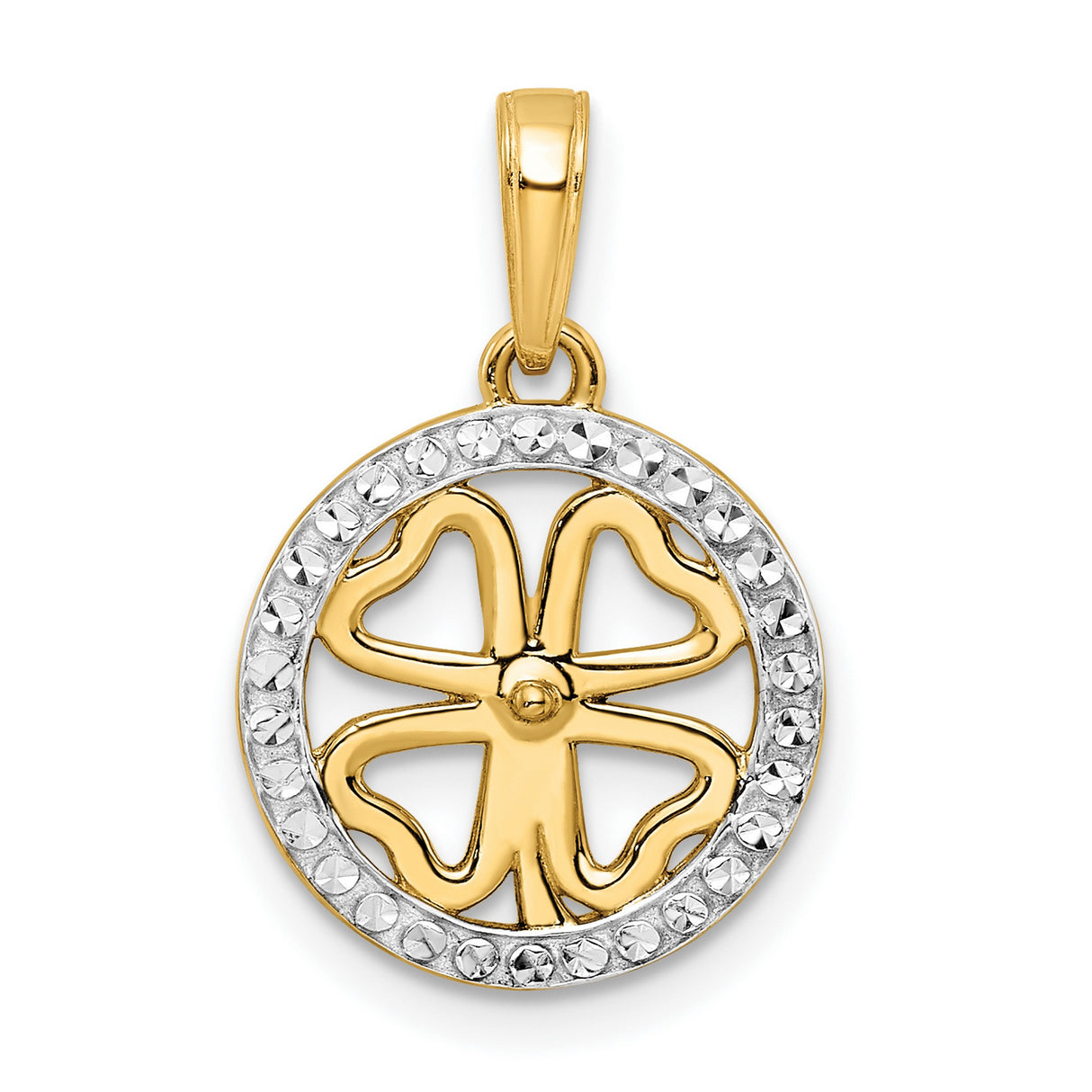 14k Yellow Gold Multi-Tone Four-Leaf Clover Pendant, Openwork Lucky Charm Design