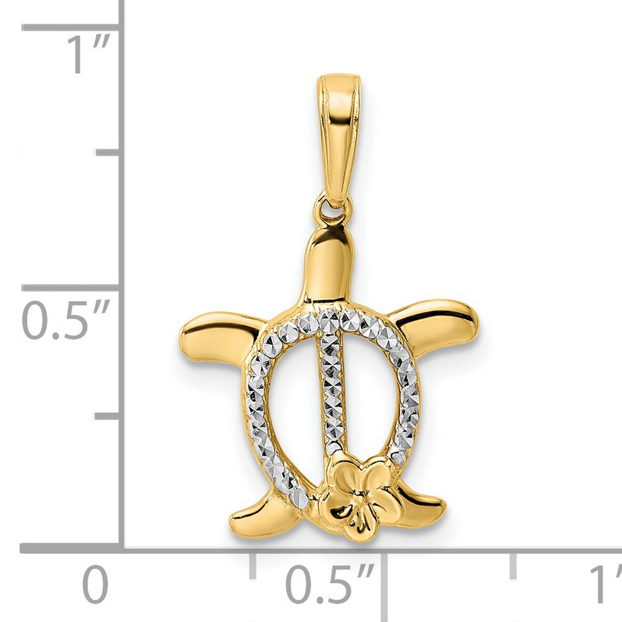 14k Yellow Gold and Rhodium Sea Turtle Pendant with Diamond Cut Finish and Hibiscus Flower Detail