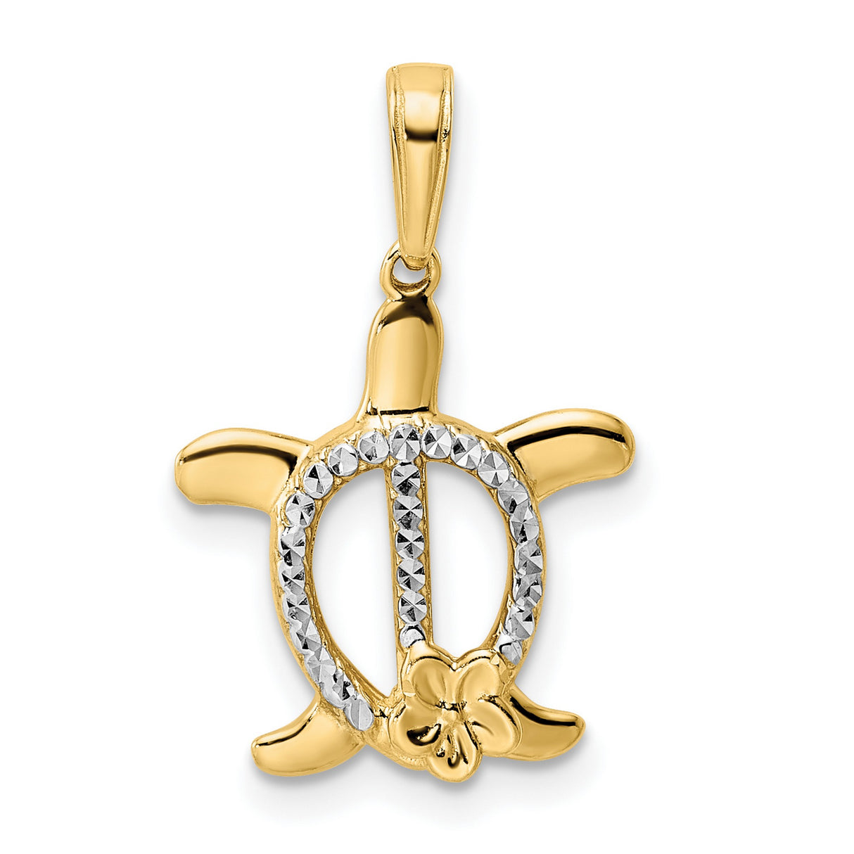 14k Yellow Gold and Rhodium Sea Turtle Pendant with Diamond Cut Finish and Hibiscus Flower Detail