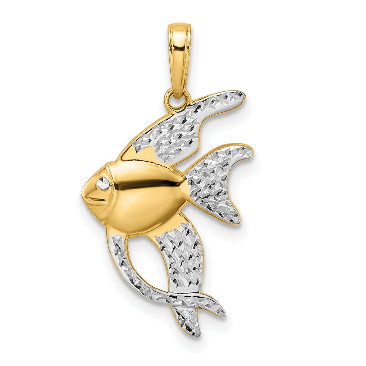 14k Yellow Gold Angelfish Pendant, Diamond-Cut Textured Ocean Theme Jewelry