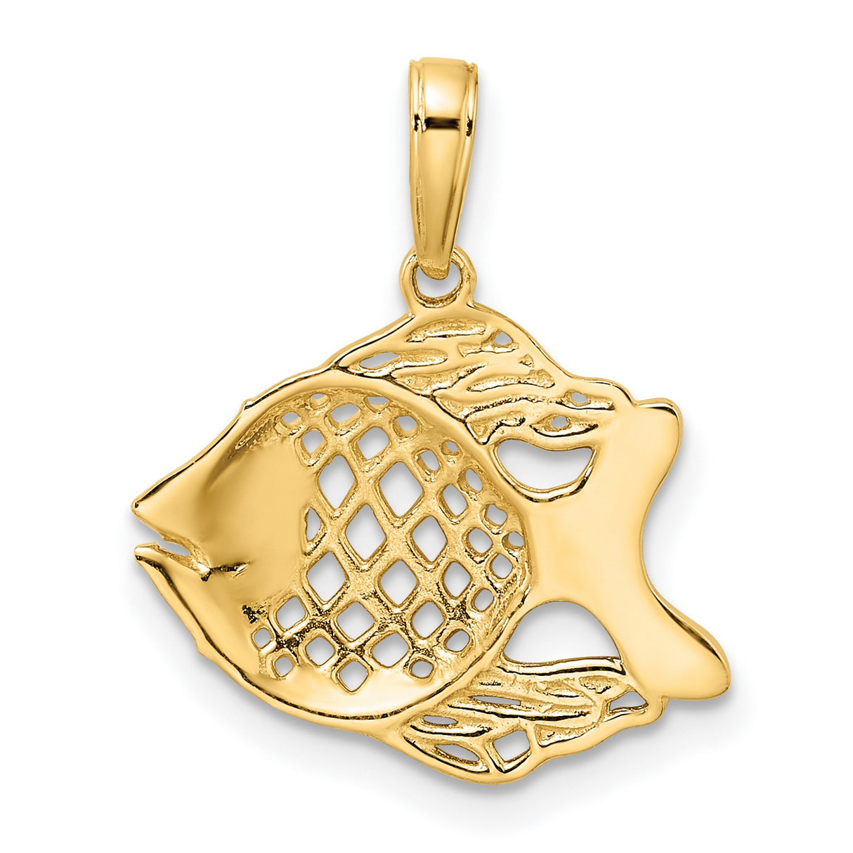 14k Yellow Gold and Rhodium Fish Pendant with Open Lattice Design and Textured Detailing