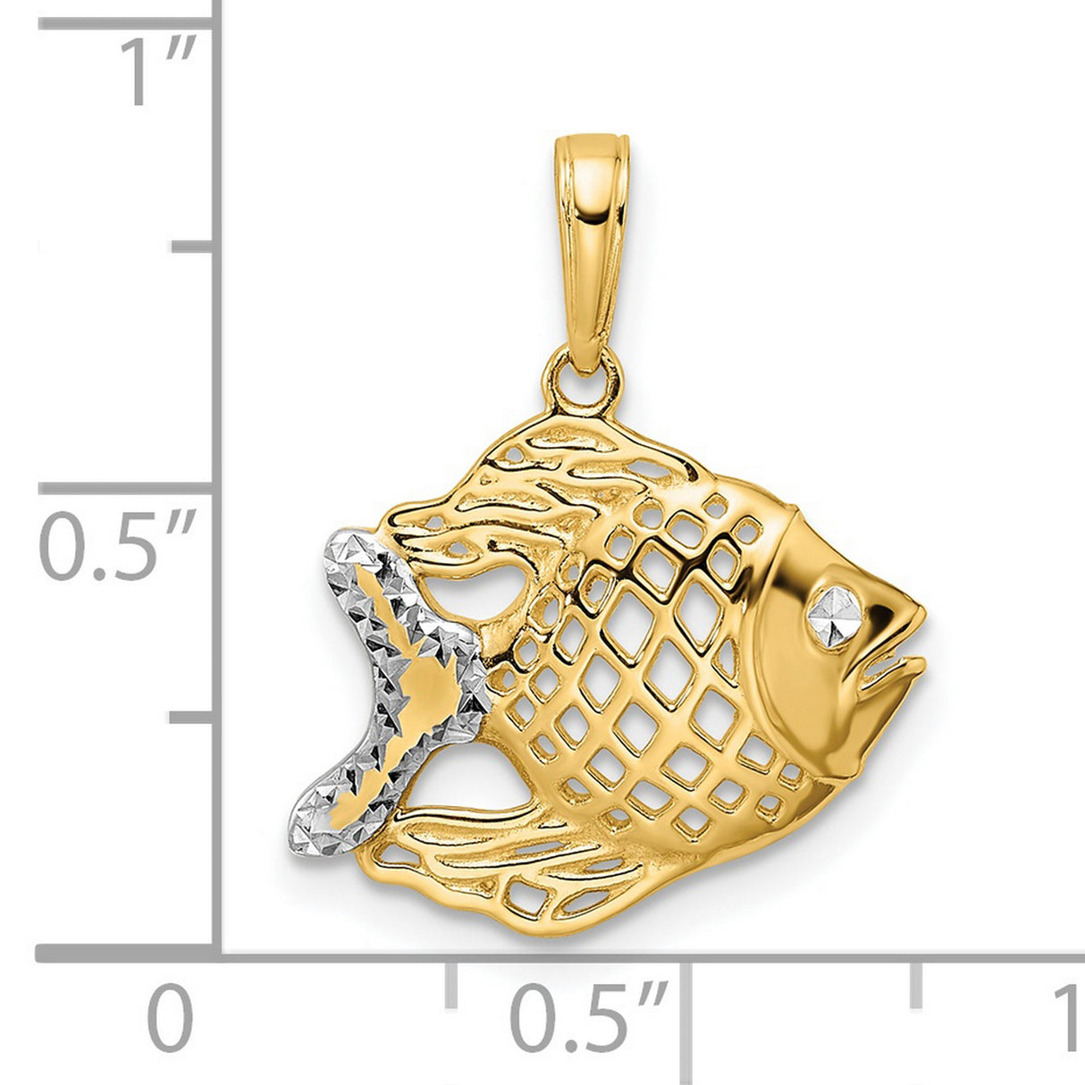 14k Yellow Gold and Rhodium Fish Pendant with Open Lattice Design and Textured Detailing