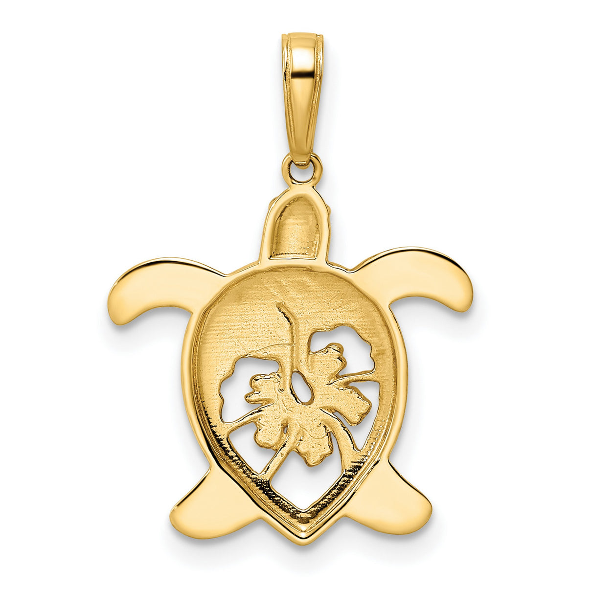 14k Yellow Gold and Rhodium Turtle Pendant with Cut-Out Hibiscus Flower Design, Hawaiian Theme