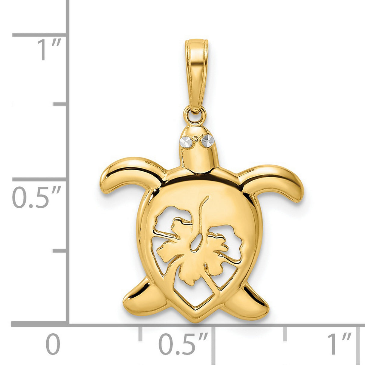 14k Yellow Gold and Rhodium Turtle Pendant with Cut-Out Hibiscus Flower Design, Hawaiian Theme