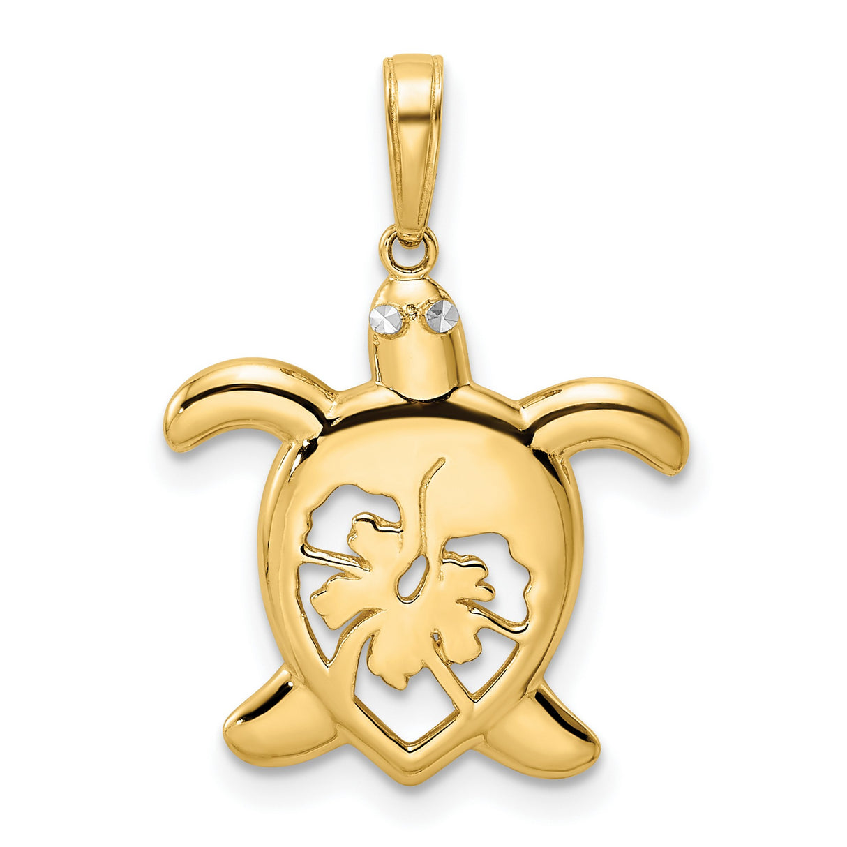 14k Yellow Gold and Rhodium Turtle Pendant with Cut-Out Hibiscus Flower Design, Hawaiian Theme