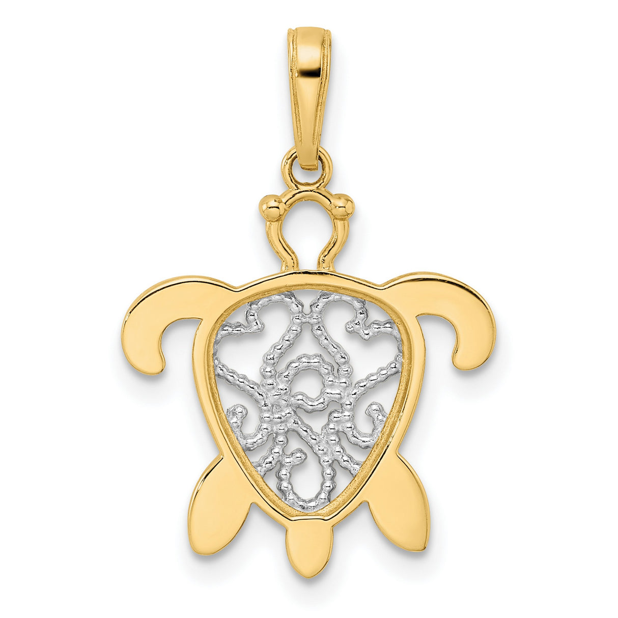 14k Multi-Tone Gold Turtle Pendant with Diamond Cut Scrollwork, Ocean-Inspired Design
