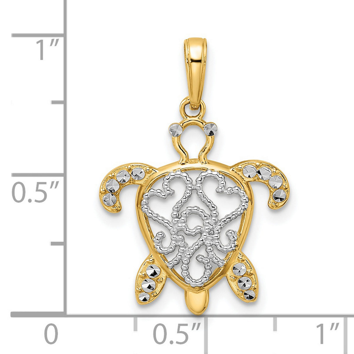 14k Multi-Tone Gold Turtle Pendant with Diamond Cut Scrollwork, Ocean-Inspired Design