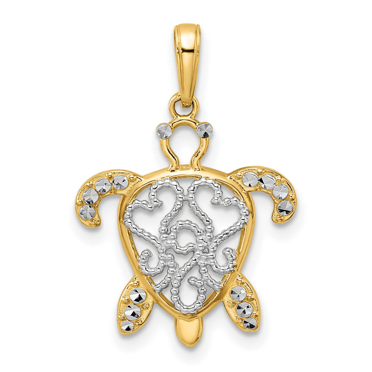 14k Multi-Tone Gold Turtle Pendant with Diamond Cut Scrollwork, Ocean-Inspired Design