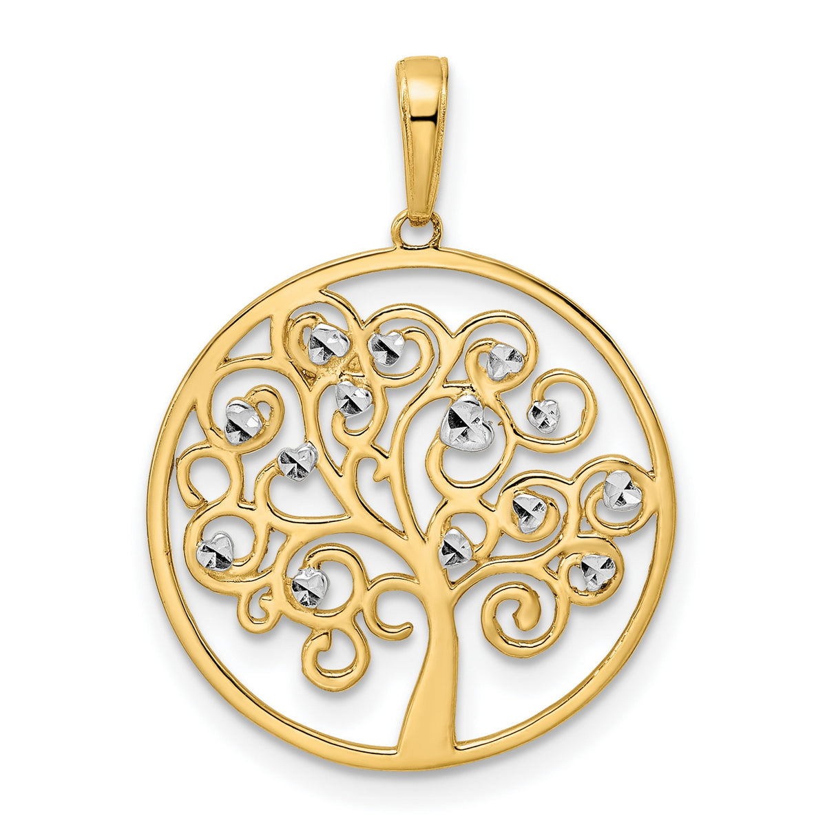 14k Multi-Tone Gold Tree of Life Pendant, Round Openwork with Diamond Cut Accents for Women