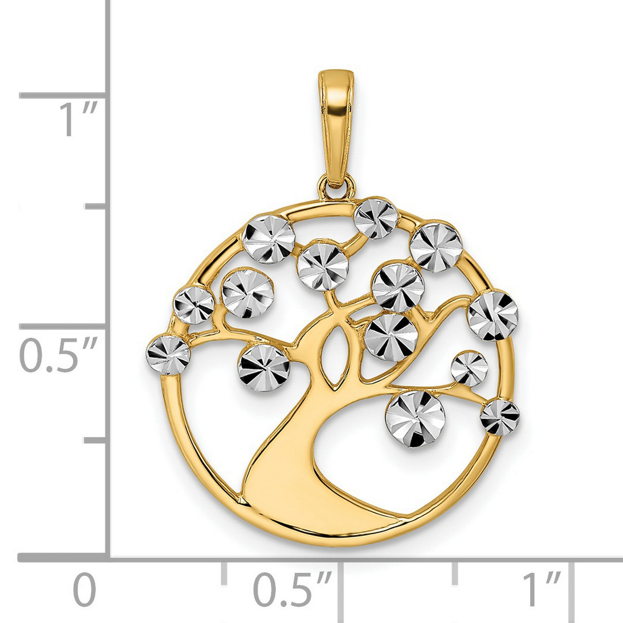 14k Yellow Gold and Rhodium Tree of Life Pendant, Openwork Diamond-Cut Design for Women