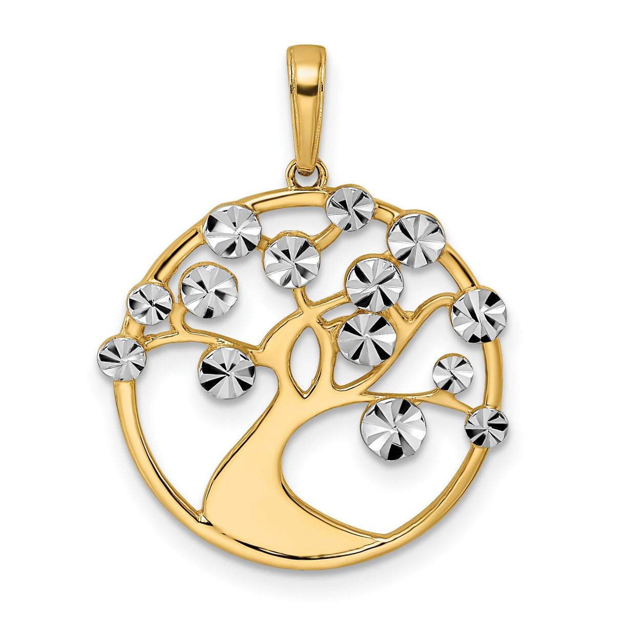 14k Yellow Gold and Rhodium Tree of Life Pendant, Openwork Diamond-Cut Design for Women
