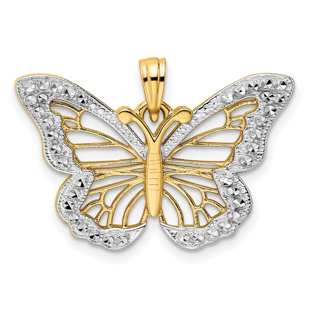 14k Multi-Tone Gold Butterfly Pendant with Openwork Diamond-Cut Design for Women