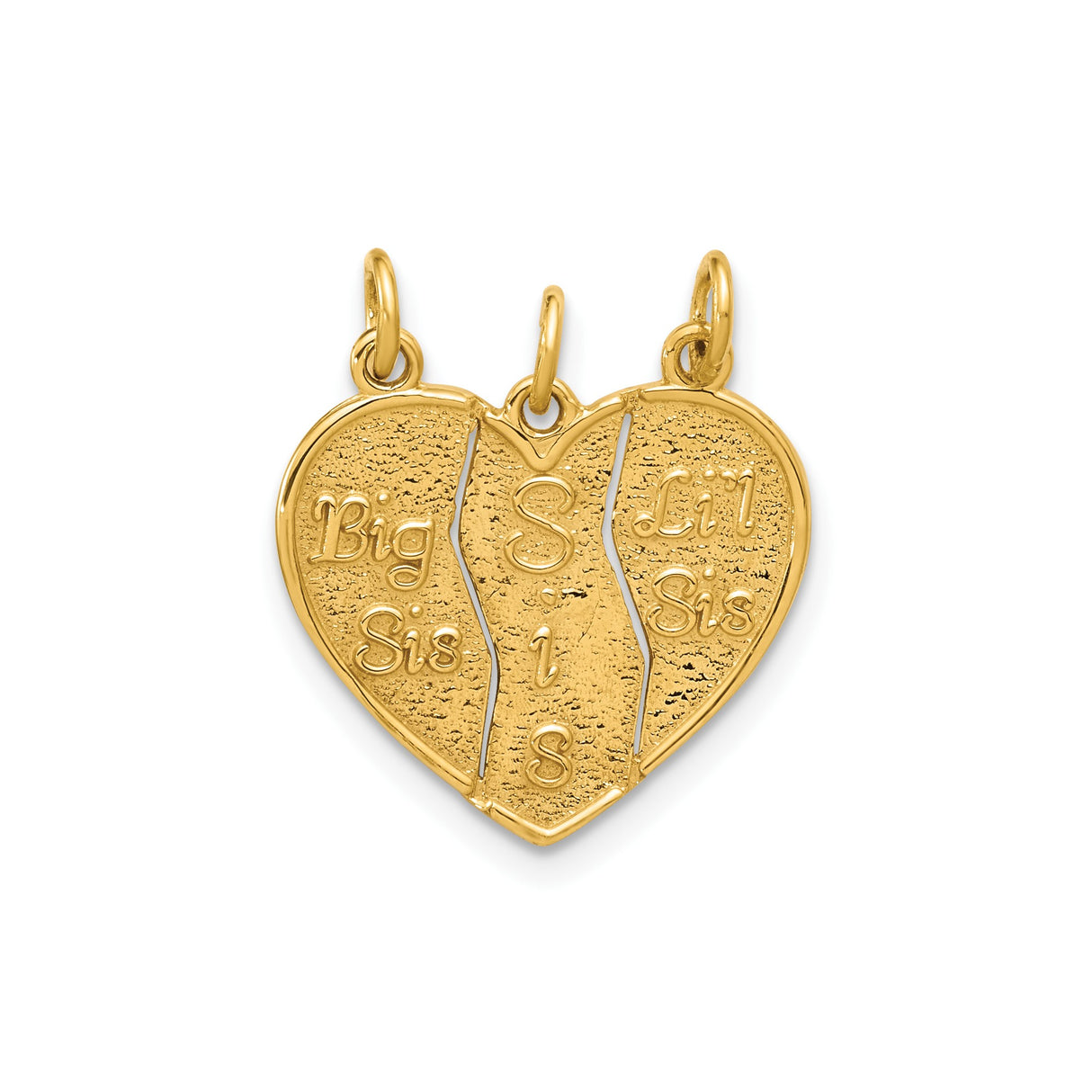 14k Yellow Gold Heart Pendant, Three-Piece Break Apart Design with Big Sis, Lil Sis, and Sis Engraving