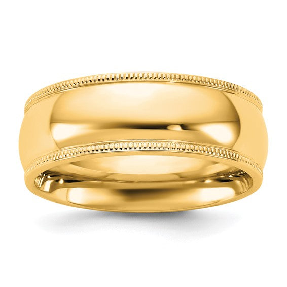 14K Yellow Gold Milgrain Half-Round Wedding Band, Comfort Fit, 7mm Solid Ring