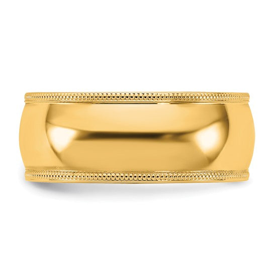 14K Yellow Gold Milgrain Half Round Comfort Fit Solid Wedding Band 8mm