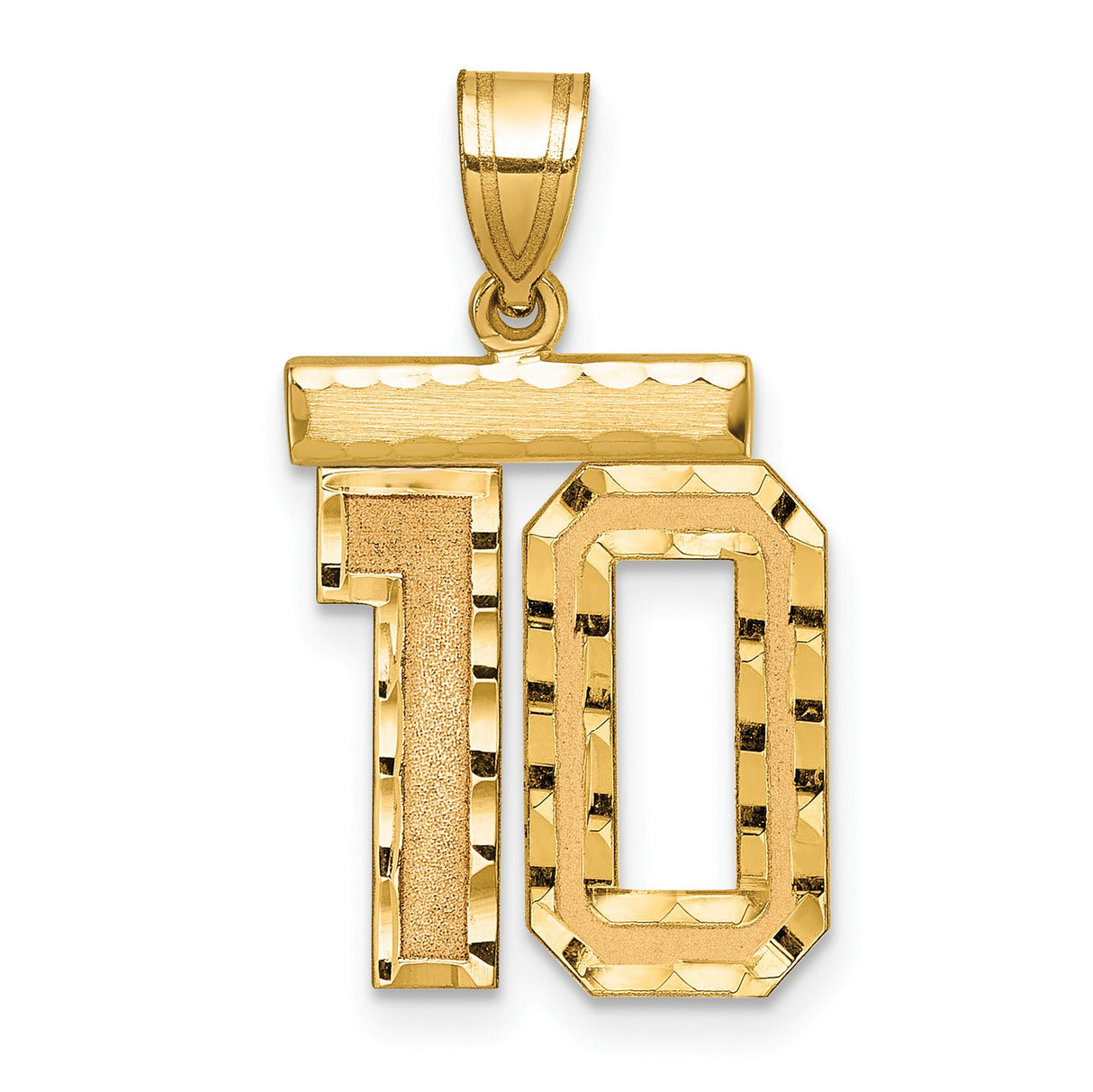 14k Yellow Gold Number 10 Pendant, Diamond Cut Textured Finish, Jersey Sports Charm for Men or Unisex Wear