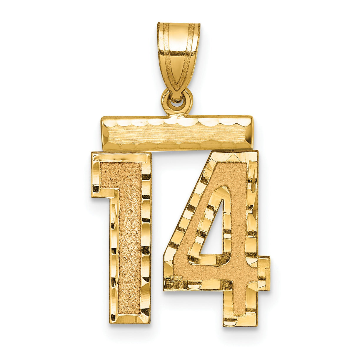 14k Yellow Gold Number 14 Pendant, Polished and Textured Sports Jersey Charm, Unisex Jewelry