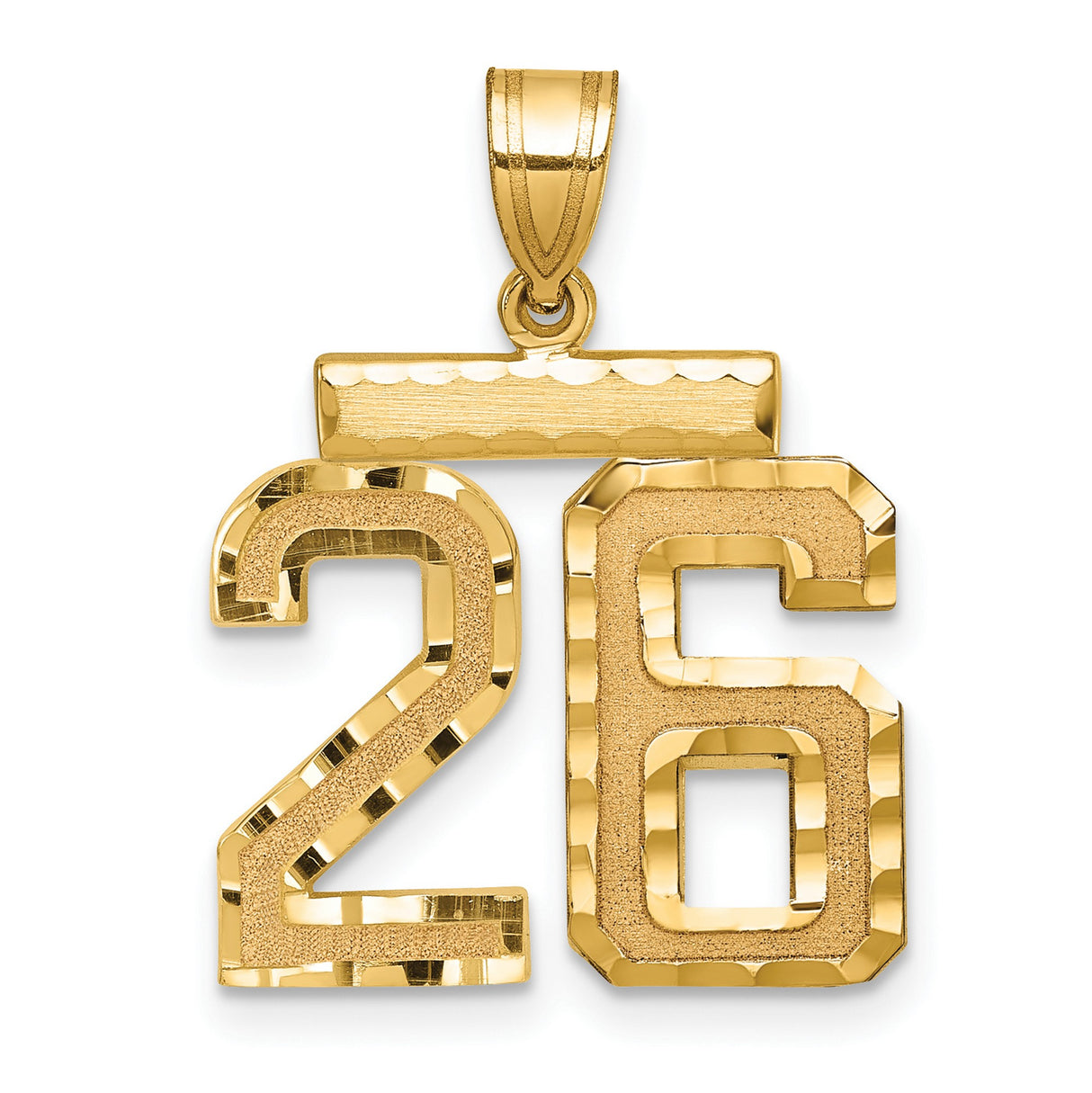14k Yellow Gold Number 26 Pendant, Textured and Polished Sports Charm for Men or Unisex