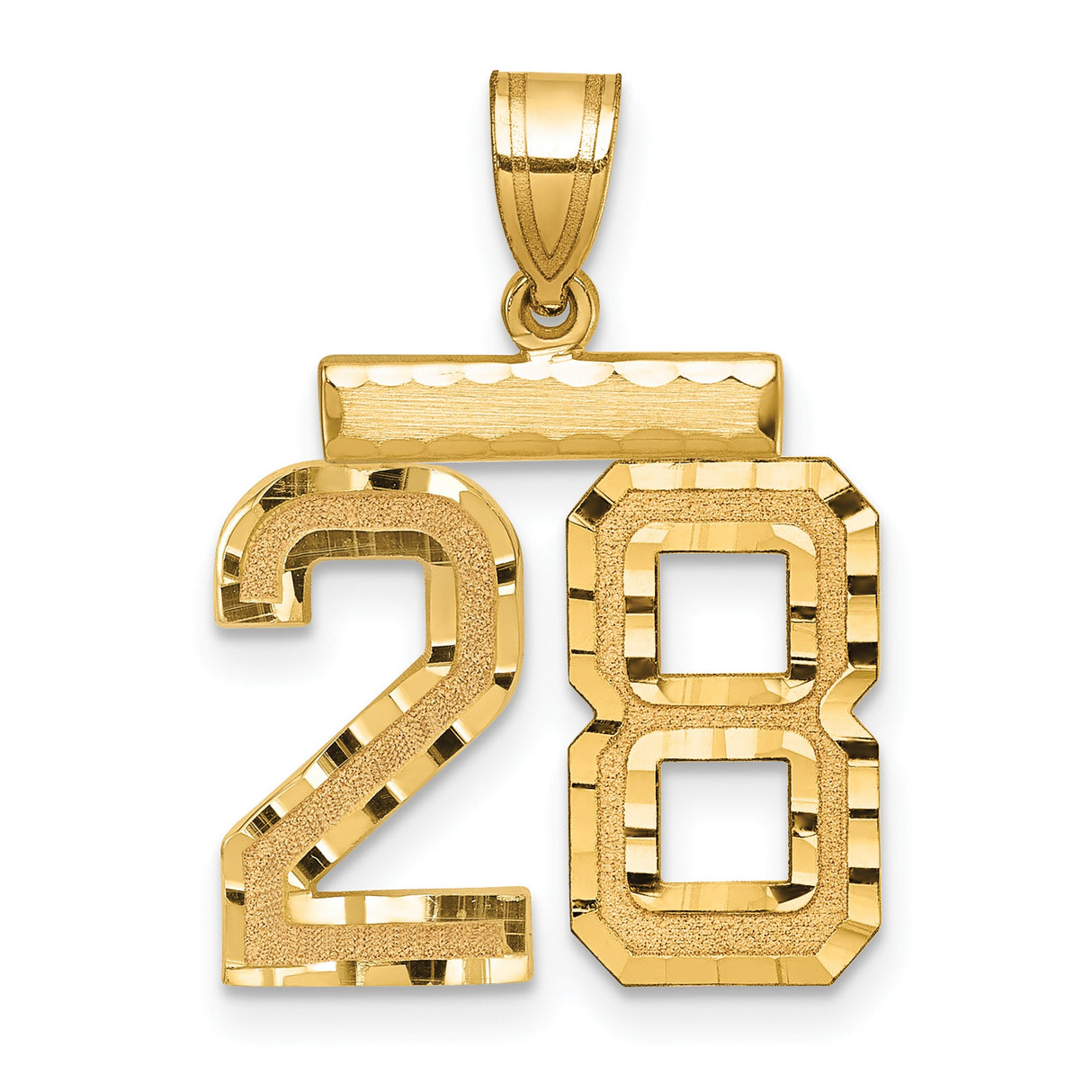 14k Yellow Gold Number 28 Pendant, Polished and Textured Numeric Charm for Unisex
