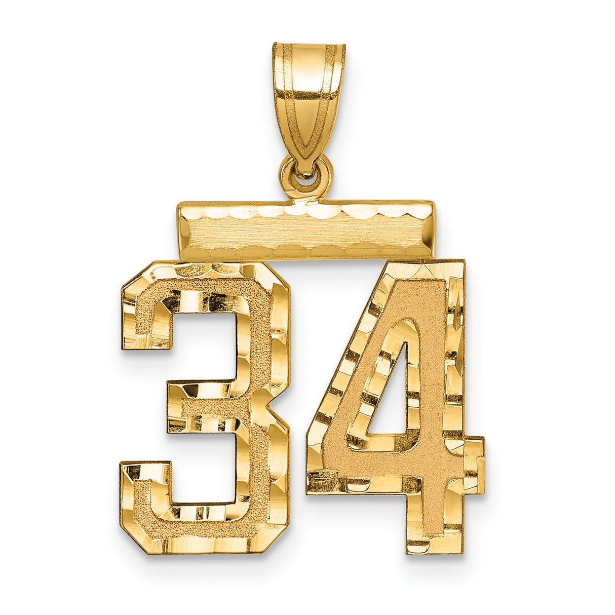 Medium Diamond-cut Number 34 Charm Pendant in Real 14k Yellow Gold