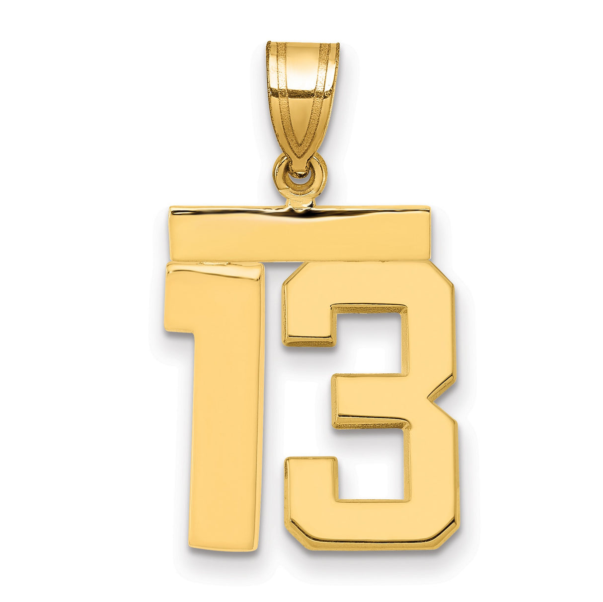 14k Yellow Gold Number 13 Pendant, Bold Block Numerals, Sports Hip Hop Style for Men or Unisex