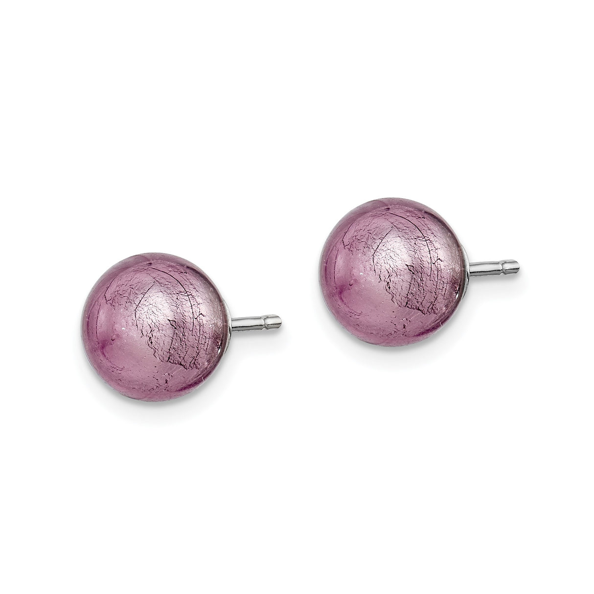 Sterling Silver Stud Earrings with Purple Murano Glass, Lavender Crackled Finish, Minimalist Design