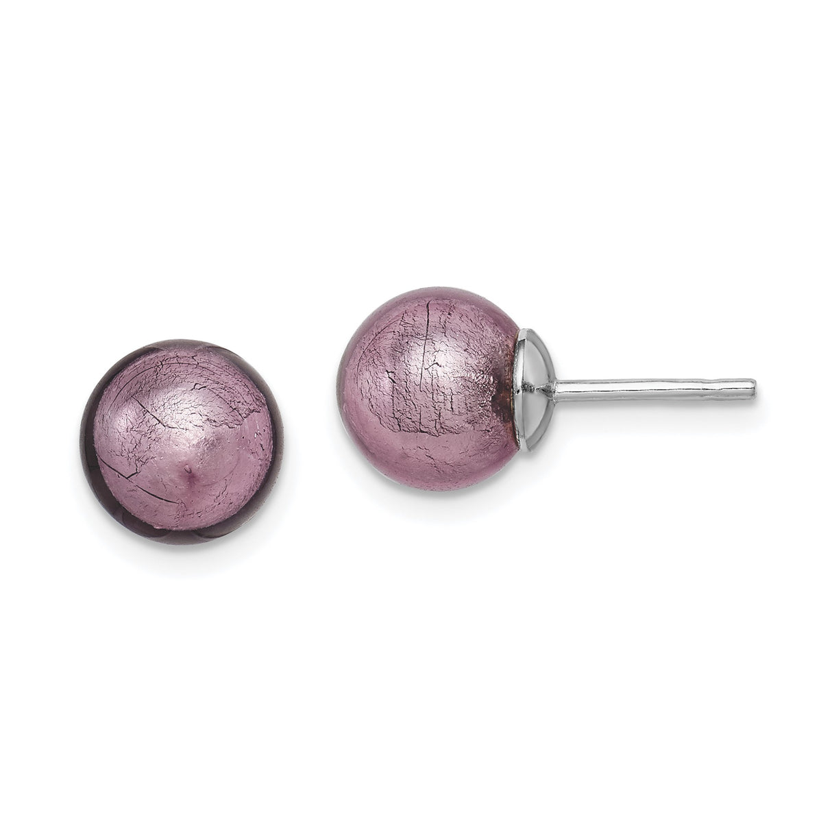 Sterling Silver Stud Earrings with Purple Murano Glass, Lavender Crackled Finish, Minimalist Design