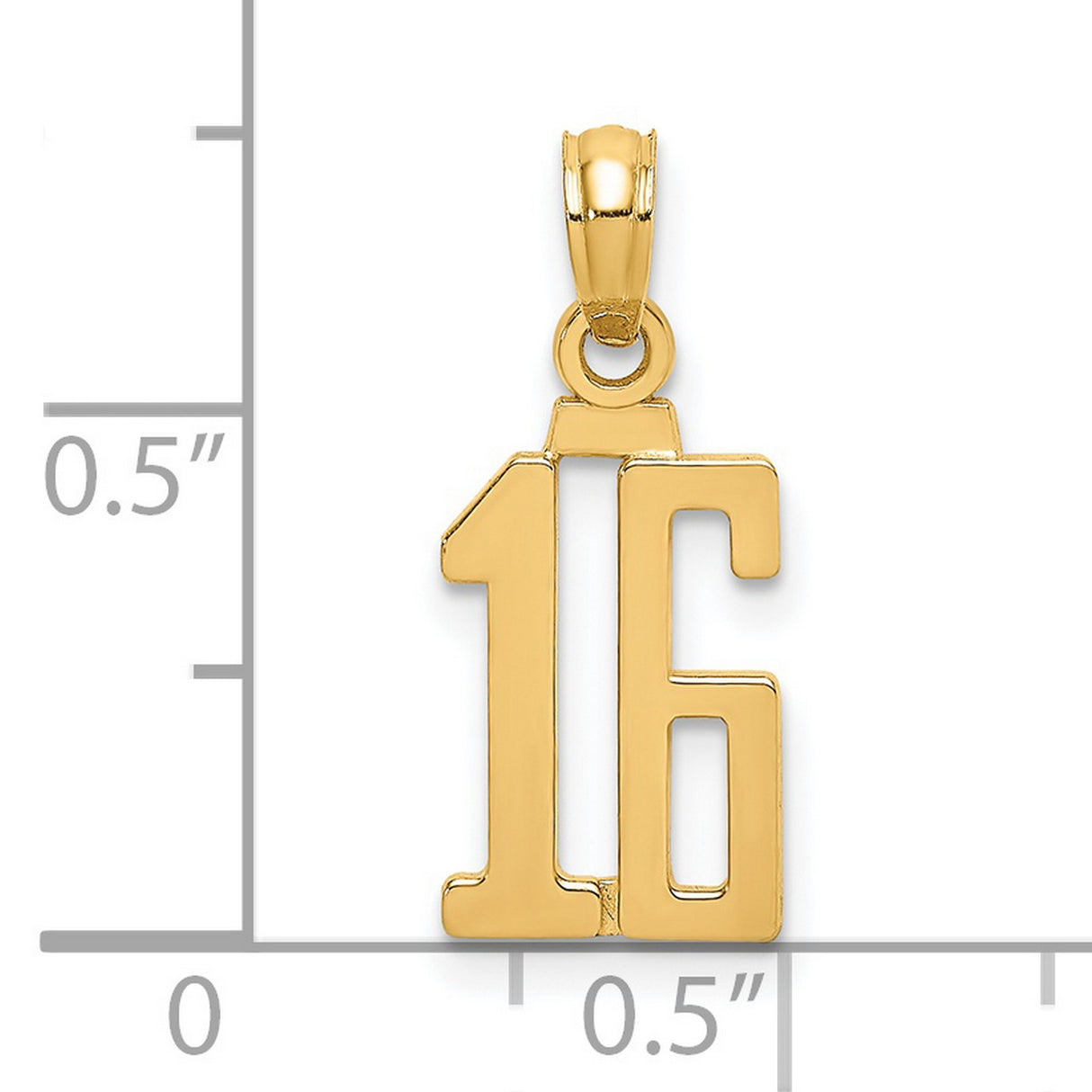 14k Yellow Gold Number 16 Pendant, Polished Sweet Sixteen Birthday Charm for Women or Unisex Wear