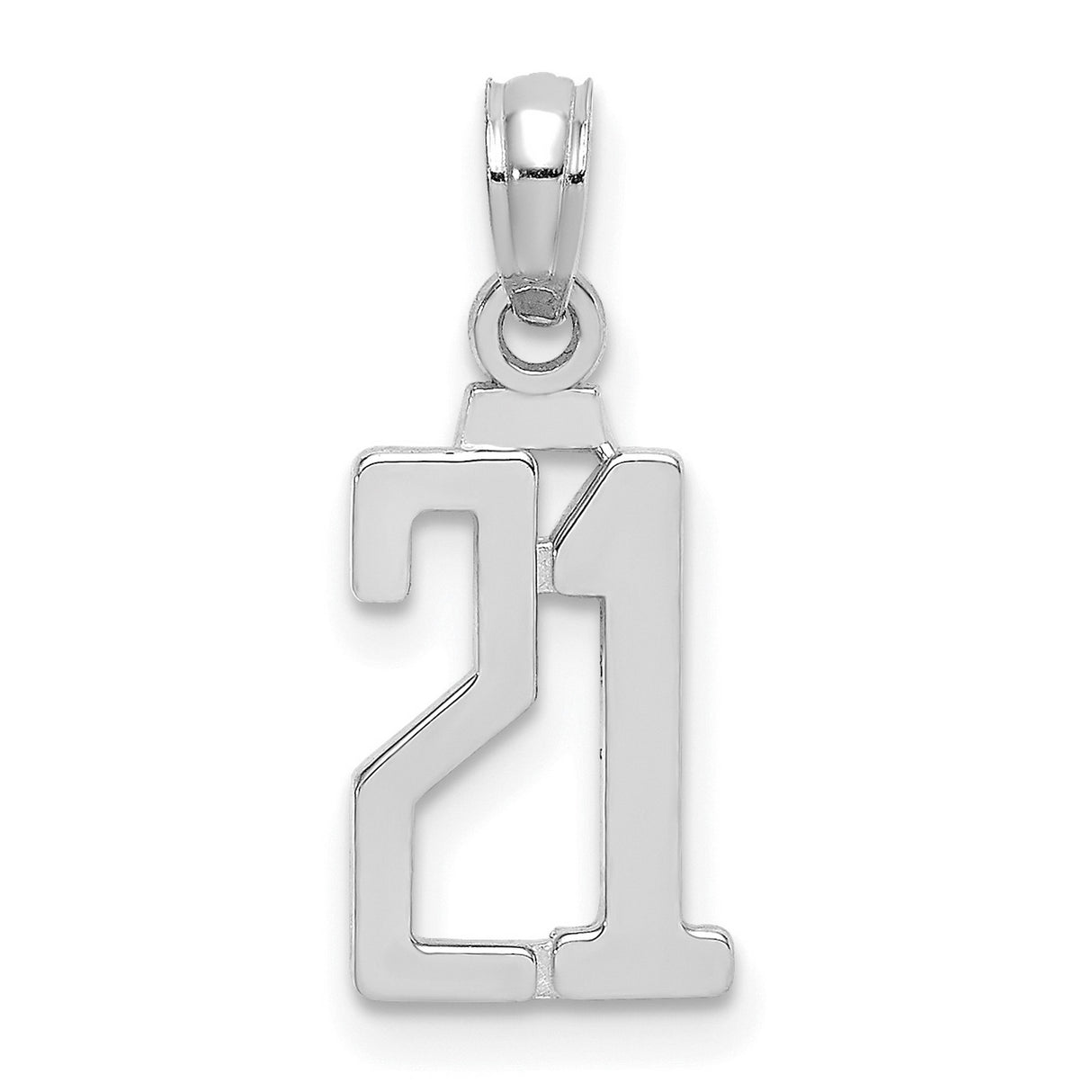 14k White Gold Number 21 Pendant, Polished Milestone Charm for 21st Birthday or Anniversary