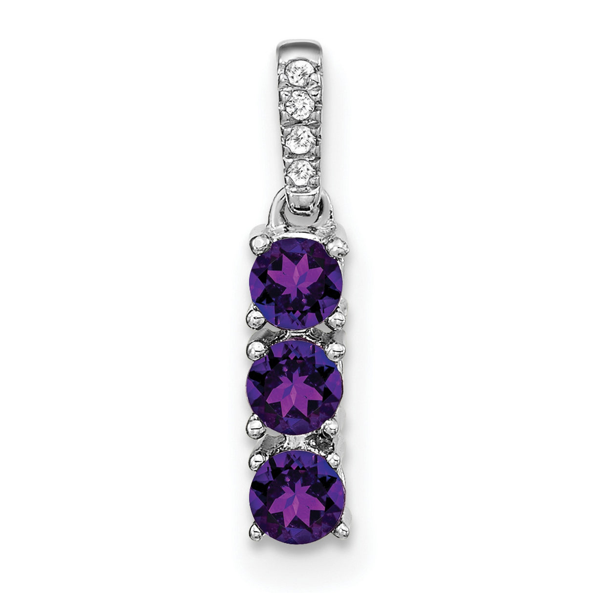 14k White Gold Pendant with Three Round Amethyst Stones and Diamond Bail