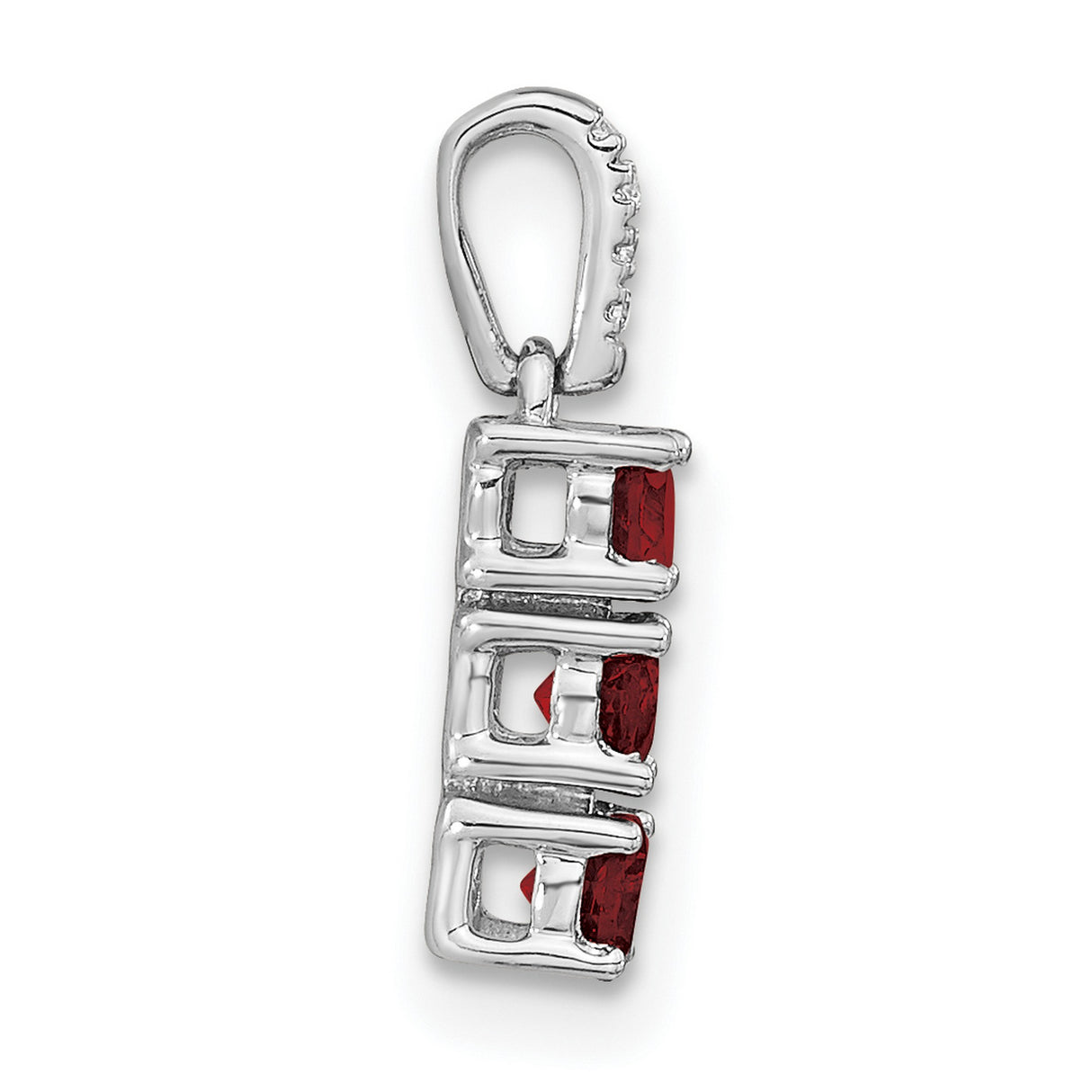 14k White Gold Pendant with Garnet and Diamond Accent, Vertical Trio Drop Design